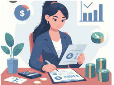 Financial advisor women analyzing reports and planning investments at a desk with charts and currency stacks