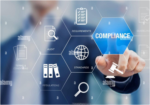 Business professionals integrating embedded compliance strategies into daily workflows using digital dashboards and risk management tools.