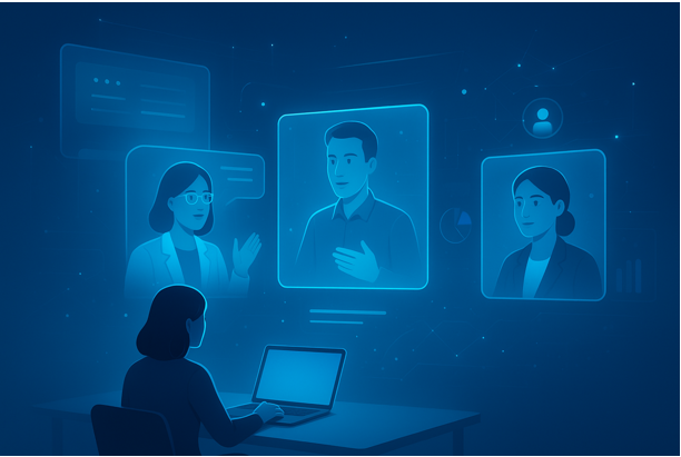 Business consultants working remotely across global locations using digital tools, representing effective virtual teams in consulting.