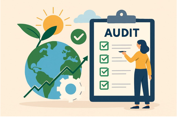 Corporate team conducting a sustainability audit to align ESG metrics with internal audit processes.