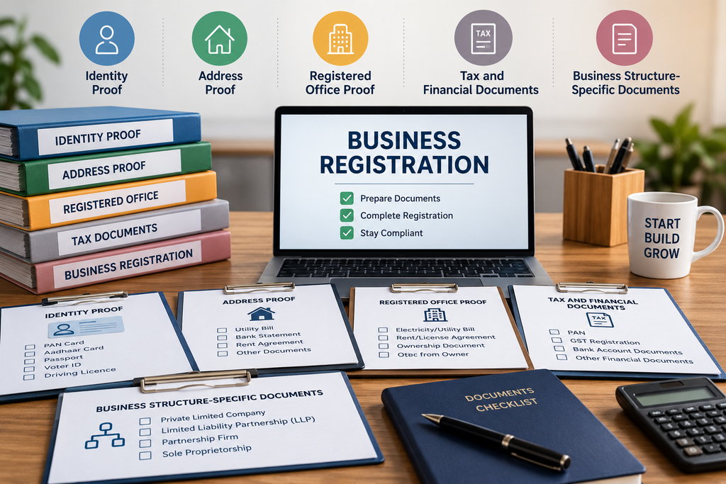 Documents required to start a business in India, including identity, address, tax, and registration documents